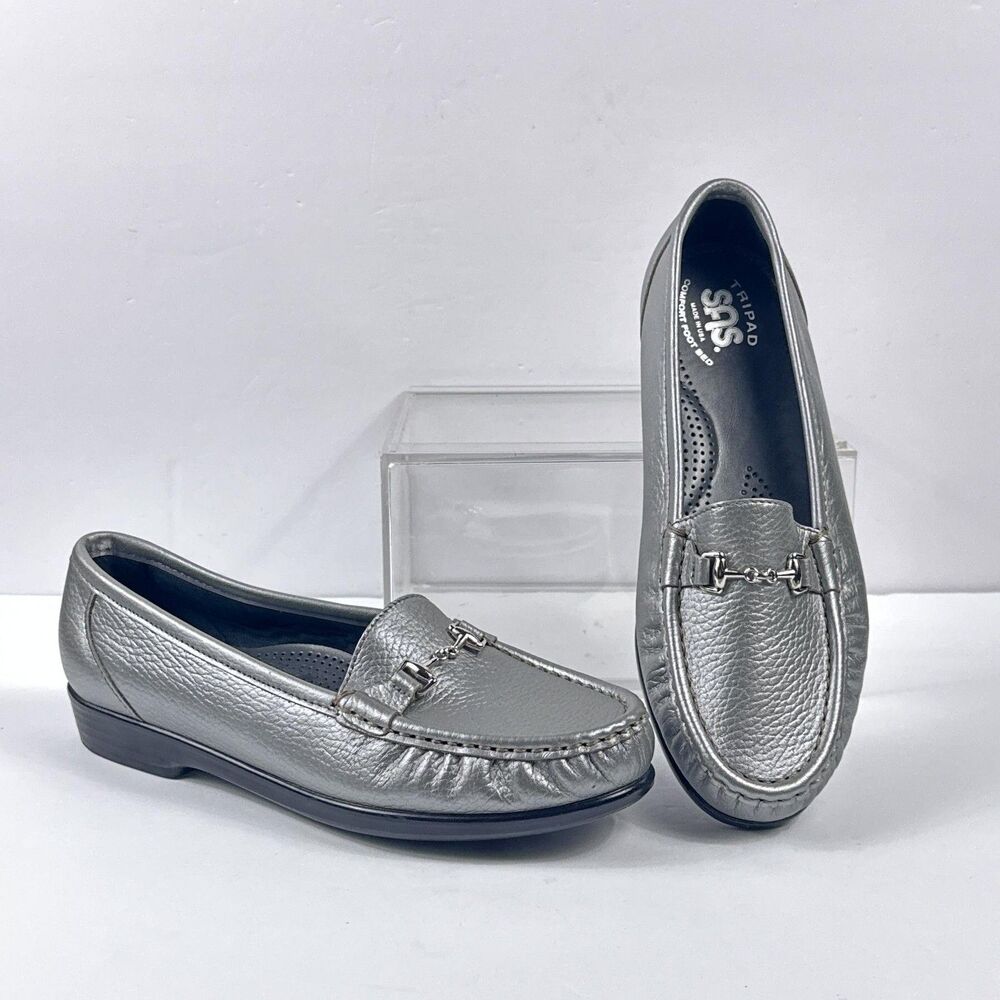 SAS Metro Shoes Womens 7 W Silver Pewter Leather Bit Loafers Tripad Comfort